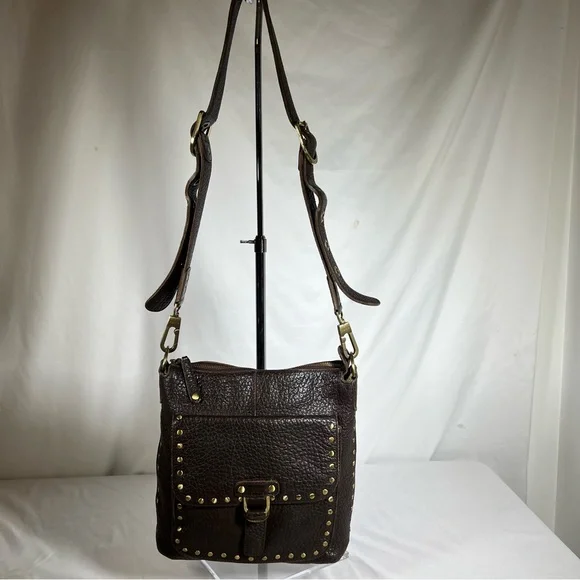 Rafe New York Distressed Pebbled Leather Studded Brown Crossbody Shoulder Bag - Picture 2 of 16